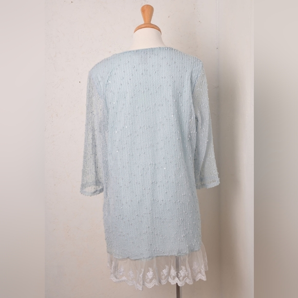 Elena Wang | Pastel blue long knit sweater with sequins & lace trim - Picture 2 of 11